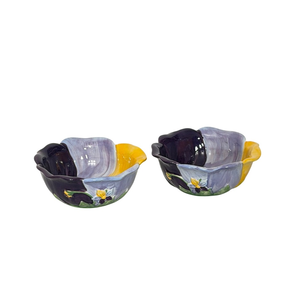 Vintage Temp-tations Figural Floral Bowls  4.5oz Purple Yellow Pansy Set of 2